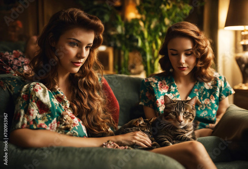 Two Young woman spending time with her cat on the carpet on the living room floor in a warm home environment