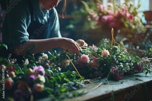 A woman is arranging flowers on a table. This image can be used for home decor, floral arrangements, or gardening themes © Fotograf