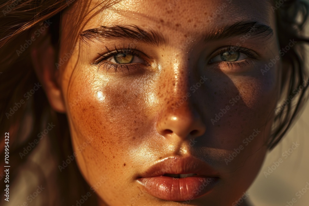 A detailed close-up of a woman's face showcasing her unique freckles. This image can be used for beauty, skincare, or diversity-related projects