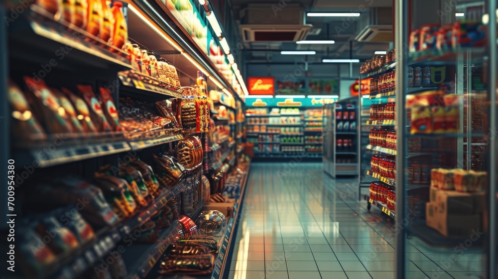 A wide variety of food products are displayed on the shelves of a grocery store aisle. This image can be used to showcase the abundance and diversity of food options available at a supermarket