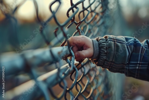 A person holding a chain link fence with their hand. Can be used to represent concepts such as strength, security, boundaries, or confinement