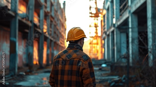 A man wearing a hard hat standing in a city. Perfect for construction, urban development, and safety concepts © Fotograf