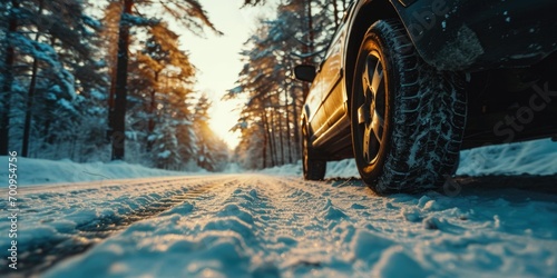 A car driving down a snow covered road. Suitable for winter driving safety campaigns © Fotograf