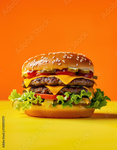 Fresh juicy tasty burger on orange background © Alina Zavhorodnii