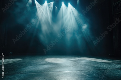 A stage with a multitude of lights illuminating the area. Perfect for capturing the energy and excitement of live performances. Ideal for use in concert promotions or event advertisements photo