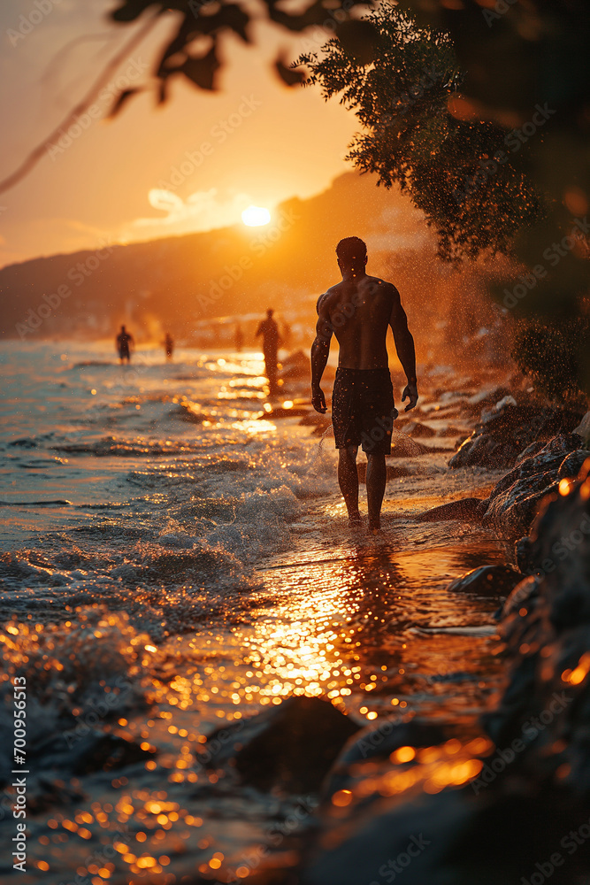 Fototapeta premium Seaside Stride: Young, Muscular Man's Attractive Stroll Along the Shore
