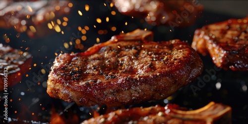 Close up shot of meat being cooked on a grill. Perfect for barbecues and outdoor cooking