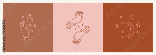 Moon logo. Bohemian cards. Space crescent and stars. Magic crystal for Boho astrology. Hand line icons. Woman arms. Minimal drawing symbols. Witchcraft and alchemy. Abstract design banners vector set