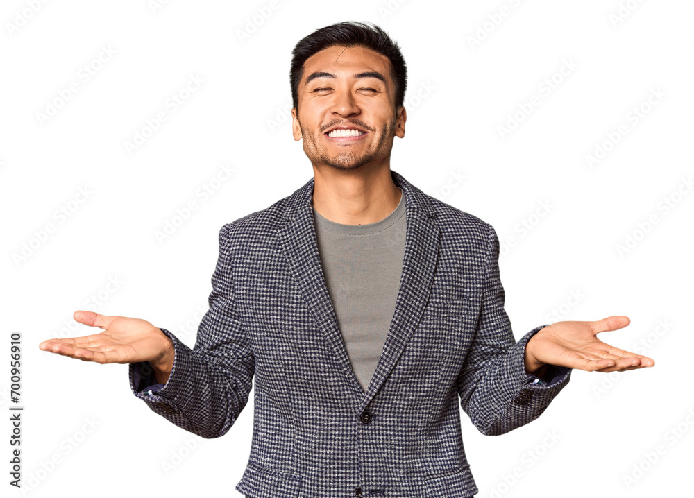 Young Chinese man in studio background makes scale with arms, feels happy and confident. Young Chinese man in studio background makes scale with arms, feels happy and confident.