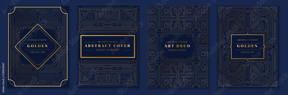 Art deco design. Golden geometric cards. Great Gatsby pattern. 1920 luxury modern background. Royal lines motif. Abstract classic outline frames. Garish texture premium decor. Vector blue posters set