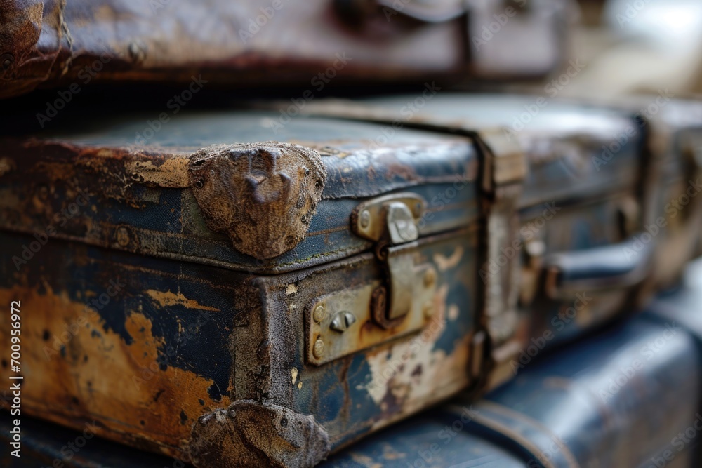 A stack of old suitcases sitting on top of each other. Versatile image for travel, vintage, or adventure themes A stack of old suitcases sitting on top of each other. Versatile image for travel, vintage, or adventure themes
