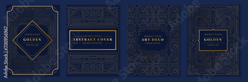 Art deco design. Golden geometric cards. Great Gatsby pattern. 1920 luxury modern background. Royal lines motif. Abstract classic outline frames. Garish texture premium decor. Vector blue posters set