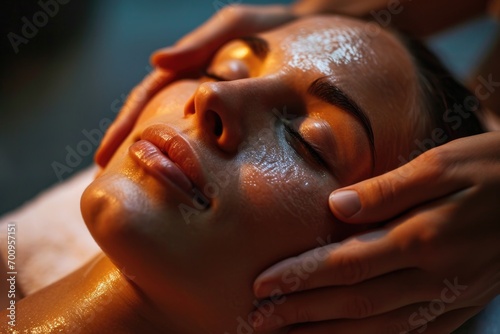 Woman getting a facial massage at a spa. Ideal for promoting relaxation and self-care