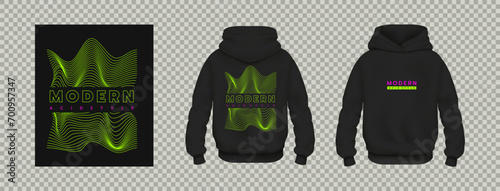 Acid rave print. Hoodie mockup. Trendy sweatshirt design element. Black clothes with Y2k abstract pattern. Unisex apparel. Distorted neon lines. 3D merchandise. Product cards. Vector casual jumper