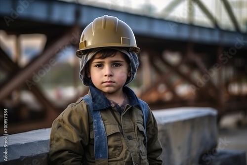 Portrait of a boy in a construction helmet on the bridge background