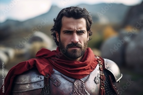 Portrait of a medieval knight in armor on a background of nature