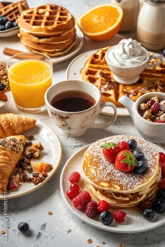 A table adorned with a delicious assortment of breakfast foods. Perfect for showcasing a hearty morning meal.