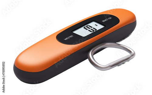 A Detailed Glimpse into the Weight Measuring Brilliance of a Portable Travel Luggage Scale on a Standard Scale on White or PNG Transparent Background. photo