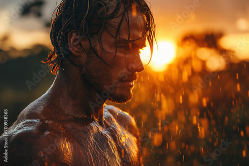 Raindrop Adonis: Wet Portrait of Young, Attractive, Muscular Man