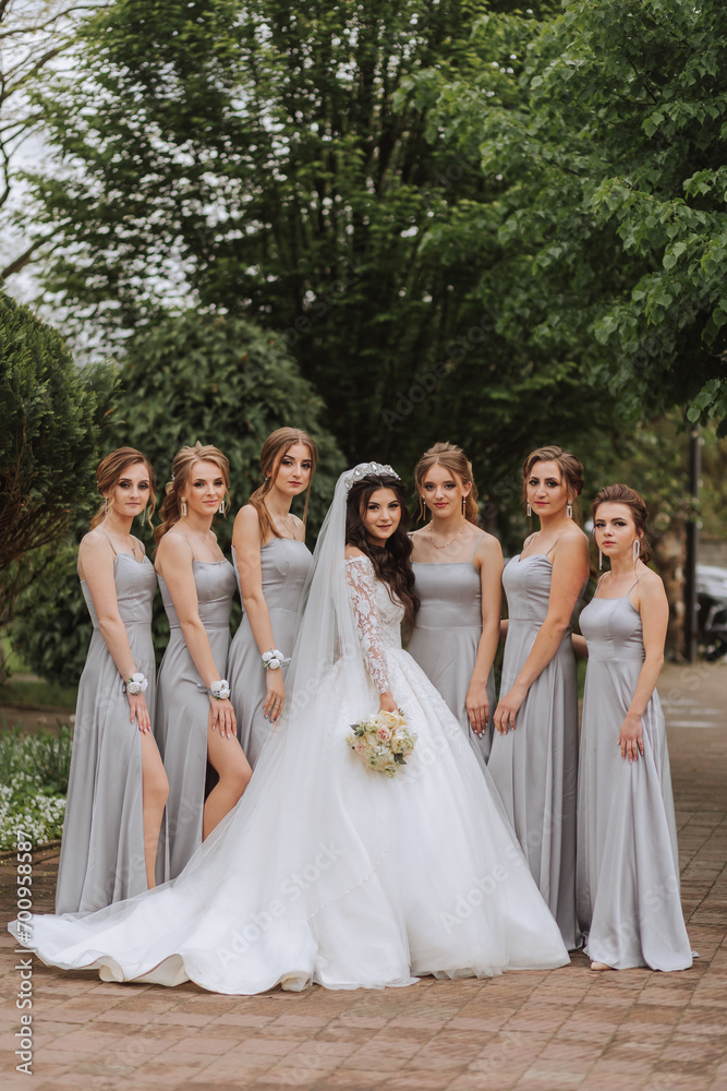 Group portrait of the bride and bridesmaids. A bride in a wedding dress and bridesmaids in silver dresses hold stylish bouquets on their wedding day. Group portrait of the bride and bridesmaids. A bride in a wedding dress and bridesmaids in silver dresses hold stylish bouquets on their wedding day.