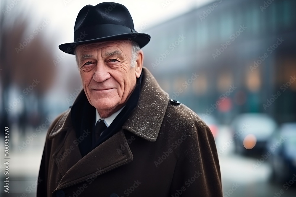 Portrait of an old man with hat and coat on the street Portrait of an old man with hat and coat on the street