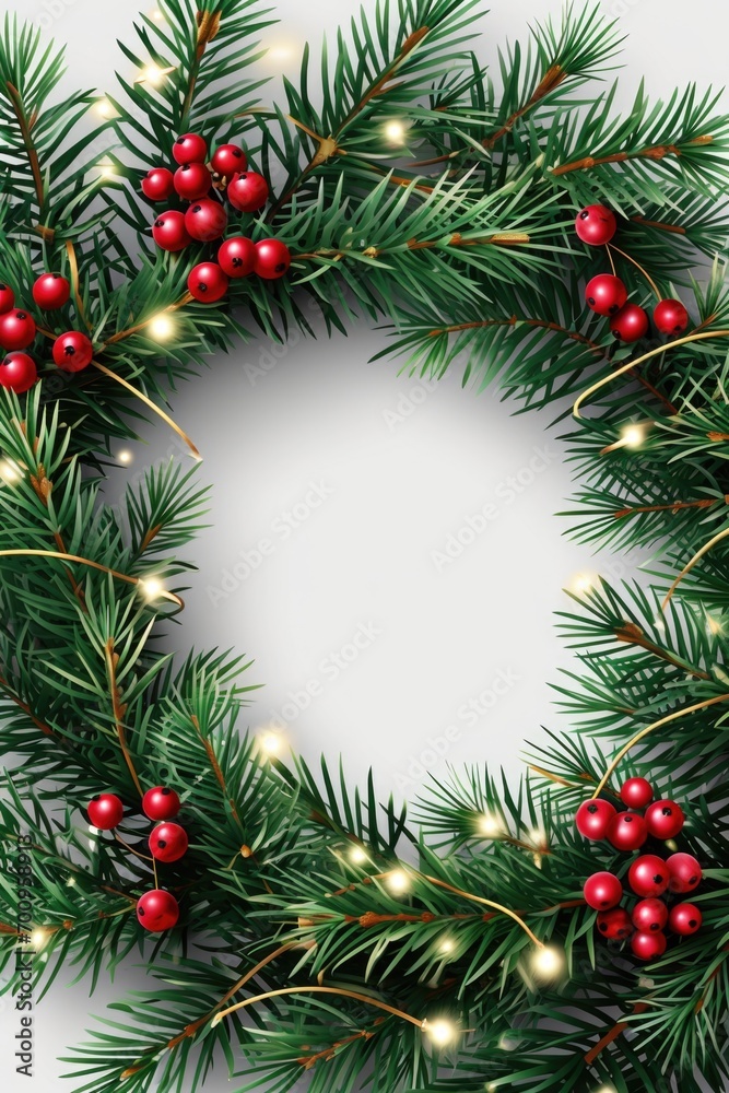 A festive Christmas wreath adorned with vibrant red berries and lush green needles. Perfect for adding holiday cheer to any space A festive Christmas wreath adorned with vibrant red berries and lush green needles. Perfect for adding holiday cheer to any space