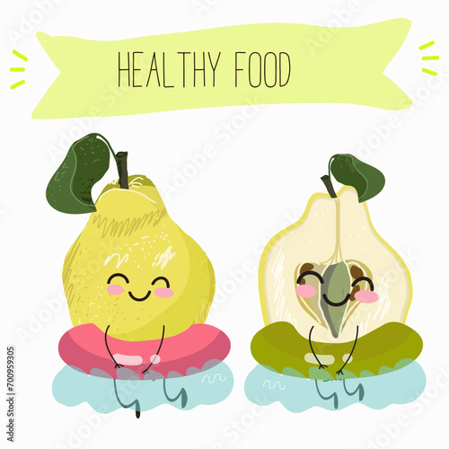 Quince fruit cute funny cheerful characters with different poses and activities. Natural vitamin antioxidant detox food collection. Flat vector illustration, funny fruits. Organic food.