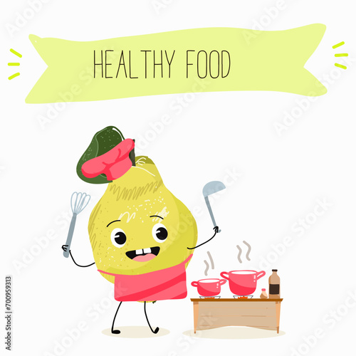 Quince fruit cute funny cheerful characters with different poses and activities. Natural vitamin antioxidant detox food collection. Flat vector illustration, funny fruits. Organic food.