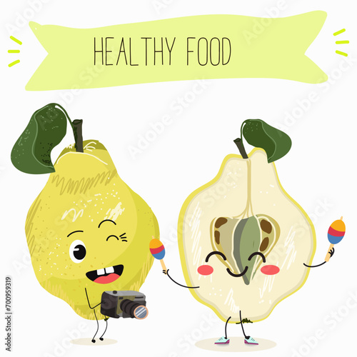 Quince fruit cute funny cheerful characters with different poses and activities. Natural vitamin antioxidant detox food collection. Flat vector illustration, funny fruits. Organic food.