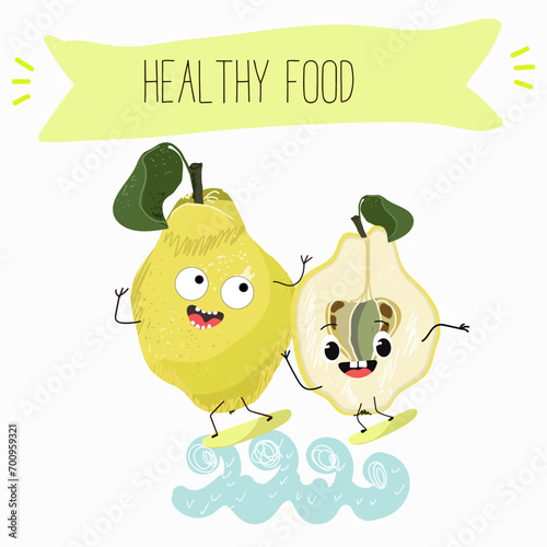 Quince fruit cute funny cheerful characters with different poses and activities. Natural vitamin antioxidant detox food collection. Flat vector illustration, funny fruits. Organic food.