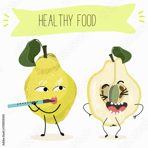 Quince fruit cute funny cheerful characters with different poses and activities. Natural vitamin antioxidant detox food collection. Flat vector illustration, funny fruits. Organic food.