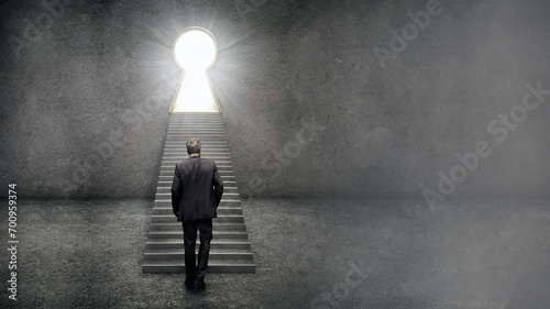 Businessman standing in front of the ladders leading to the bright keyhole. 3D illustration