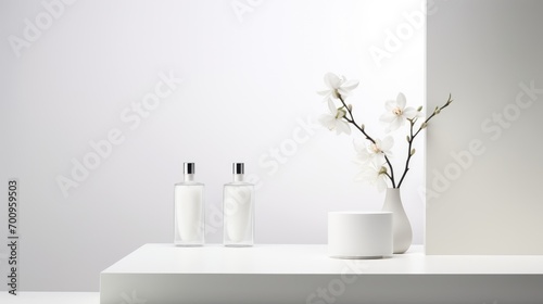 Mockup bottles on a clean white background. White flowers in a vase. Minimalism © brillianata
