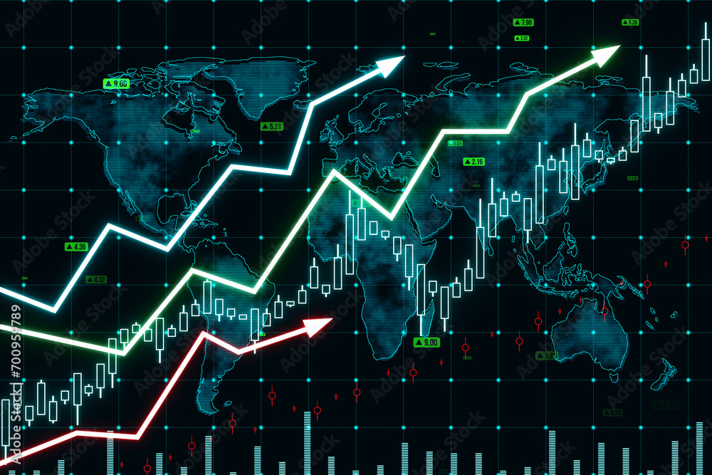 Growing upward arrows, map and forex chart on dark background. Global ...