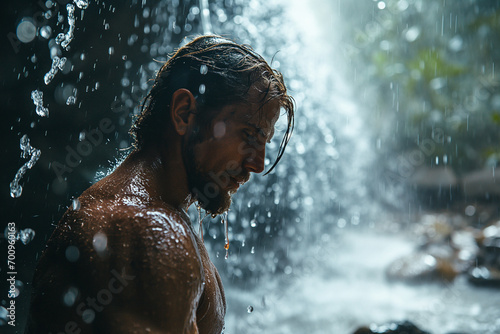 Young attractive and muscular man under a tropical waterfall