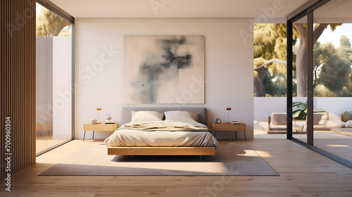 Modern  clean  minimalistic and aesthetic bedroom interior  framed art on the wall behind the bed with white pillows and blanket or comforter  morning or day sunlight coming through the glass windows