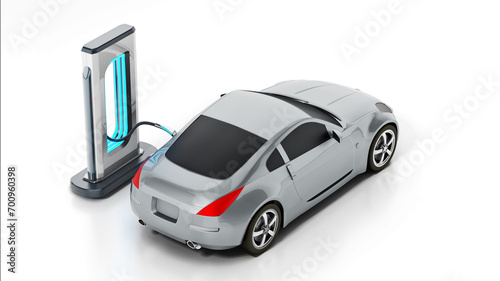 Car standing near charging station connected with a cord. 3D illustration