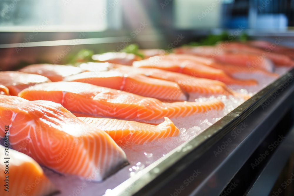 The detail of a fish salmon factory, processing line. Fish and food industry abstract. Salmon fillet on an industrial conveyor. The detail of a fish salmon factory, processing line. Fish and food industry abstract. Salmon fillet on an industrial conveyor.