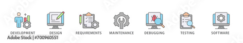 Agile banner web icon vector illustration concept with icon of development, design, requirements, maintenance, debugging, testing and software