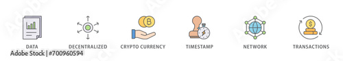 Blockchain banner web icon vector illustration concept with icon of data, decentralized, crypto currency, timestamp, network and transactions