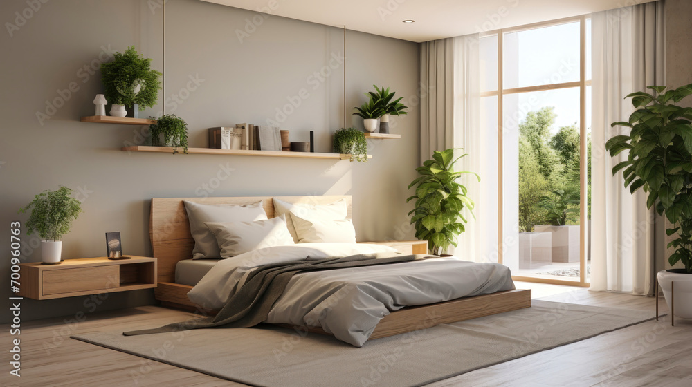 Warm and cozy bedroom interior, bed, beige linens and personal accessories. Home decor. Sample.