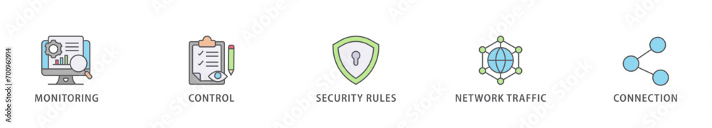 Firewall banner web icon vector illustration concept for network security system with icon of monitoring, control, security rules, network traffic and connection Firewall banner web icon vector illustration concept for network security system with icon of monitoring, control, security rules, network traffic and connection