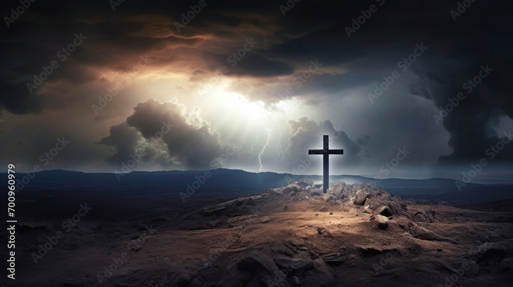 Obraz premium Light and ray of light shining through the sky and clouds on the hill of Golgotha. Holy cross background symbolizing the death and resurrection of Jesus. Easter.