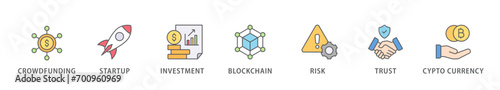 ICO banner web icon vector illustration concept of initial coin offering with icon of crowdfunding, startup, investment, blockchain, risk, trust and cypto currency