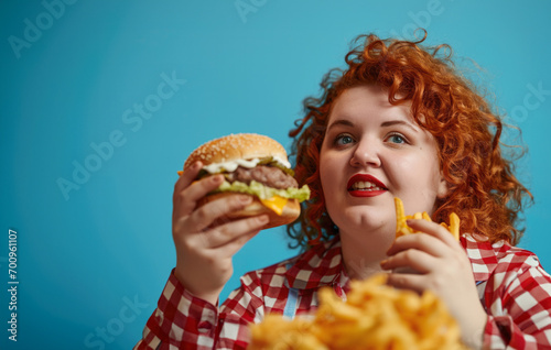 Very fat girl eats junk food  hamburger fries fast food overweight