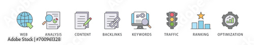 SEO banner web icon vector illustration concept for search engine optimization with icon of website, analysis, content, backlinks, keywords, traffic, ranking, and optimization