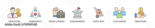 Stakeholder relationship banner web icon vector illustration concept for stakeholder, investor, government, and creditors with icon of community, trade unions, suppliers, and customers