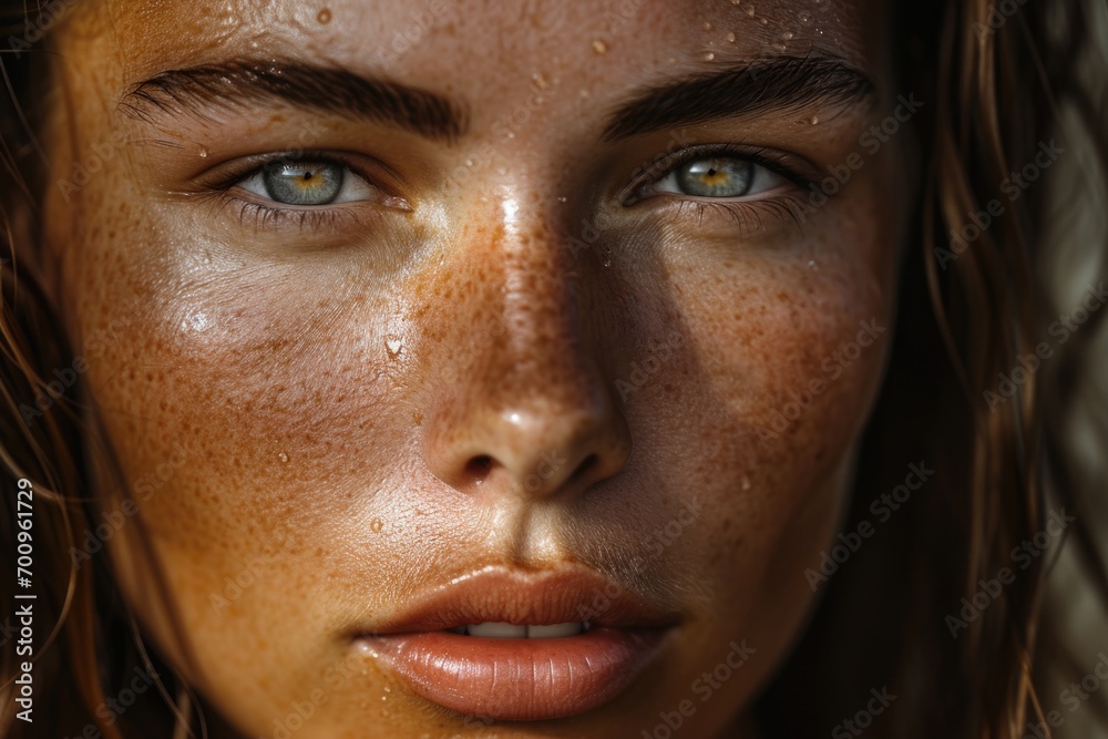 A close-up view of a woman's face with prominent freckles. This image can be used to showcase natural beauty or diversity in skincare and cosmetics advertisements A close-up view of a woman's face with prominent freckles. This image can be used to showcase natural beauty or diversity in skincare and cosmetics advertisements