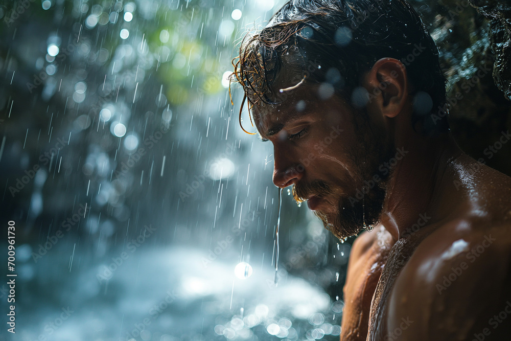 Fototapeta premium Young attractive and muscular man under a tropical waterfall