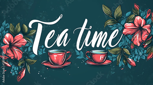 cup of tea lettering with flowers - Tea time card. 